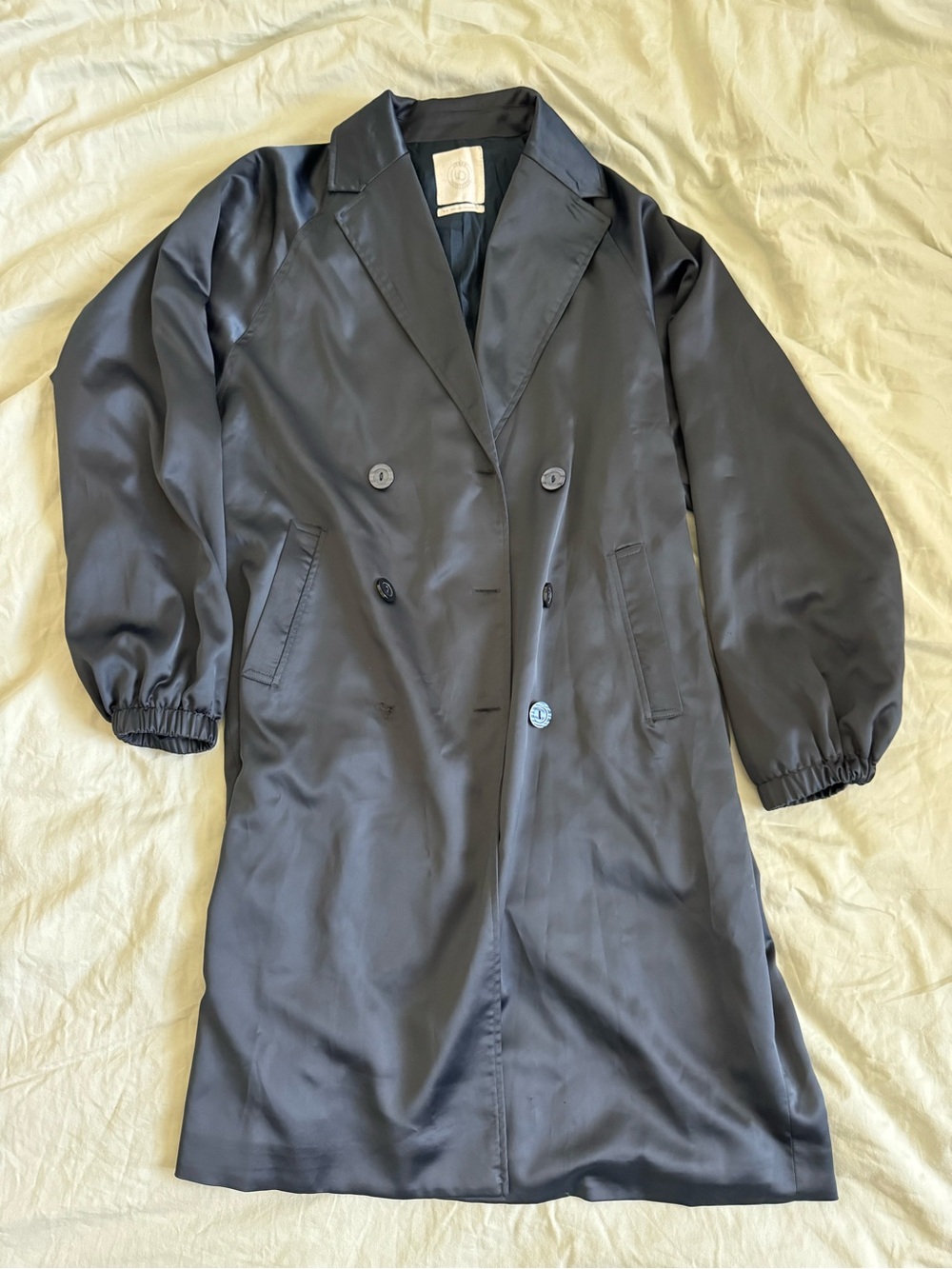 Women’s Double-Breasted Satin navy Trench Coat FLAWS